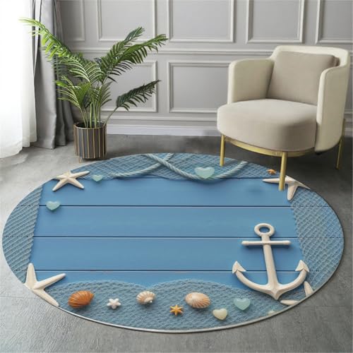 Tapis de chambre rond bleu marine antidérapant style mer - 4