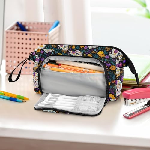 Image of Fisyme Flower Sugar Skull Pencil Case Large Capacity Pencil Pouch Pen Bags Box Big Makeup Pencil Case Organizer