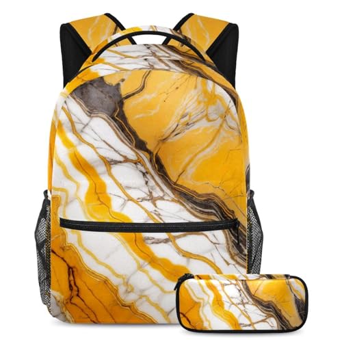 Sac à dos ergonomique marbre jaune et sa trousse pour soulager le dos des étudiants
