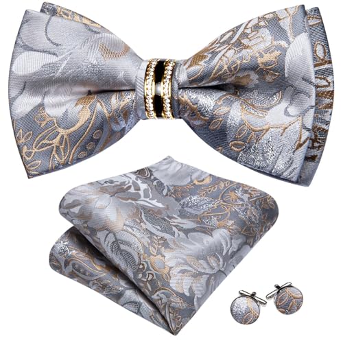 Image of YOHOWA Mens Bow Tie Set Paisley Pre-tied Bowties Adjustable with Handkerchief Cufflinks Gold Ring Set Wedding Prom Party
