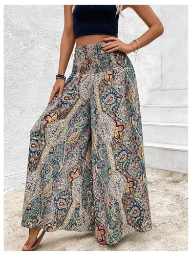 Verdusa Women's Boho Paisley Baggy Pants Shirred High Rise Wide Leg Long Trousers2