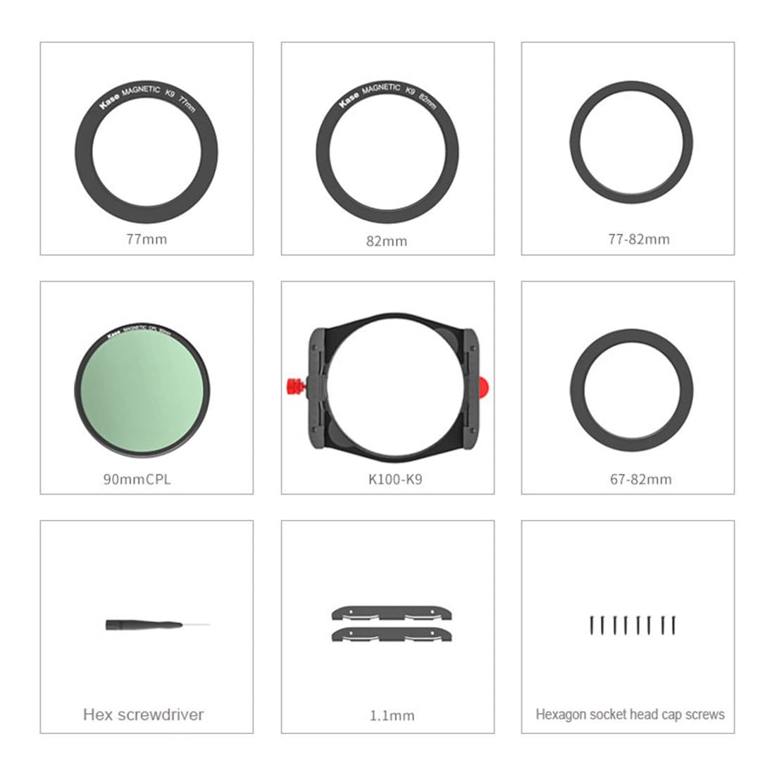 Kase K9 100 mm kit de soporte de filtro de metal cuadrado con filtro CPL magnético de 90 mm y anillo adaptador 67/72-82, anillo adaptador de soporte de 77/82 mm