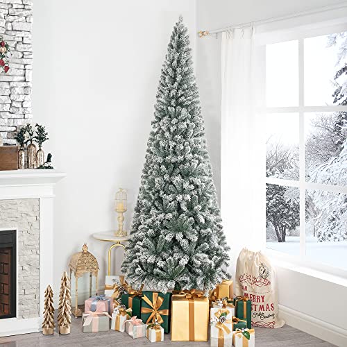 Salzburg 7.5Ft Frosted Prelit Slim Artificial Christmas Tree With 1102 Branch Tips, 350 Warm Lights And Metal Stand, 34" Wide Realistic Snow Flocked Skinny Pencil Christmas Tree By Naomi Home #TOP5