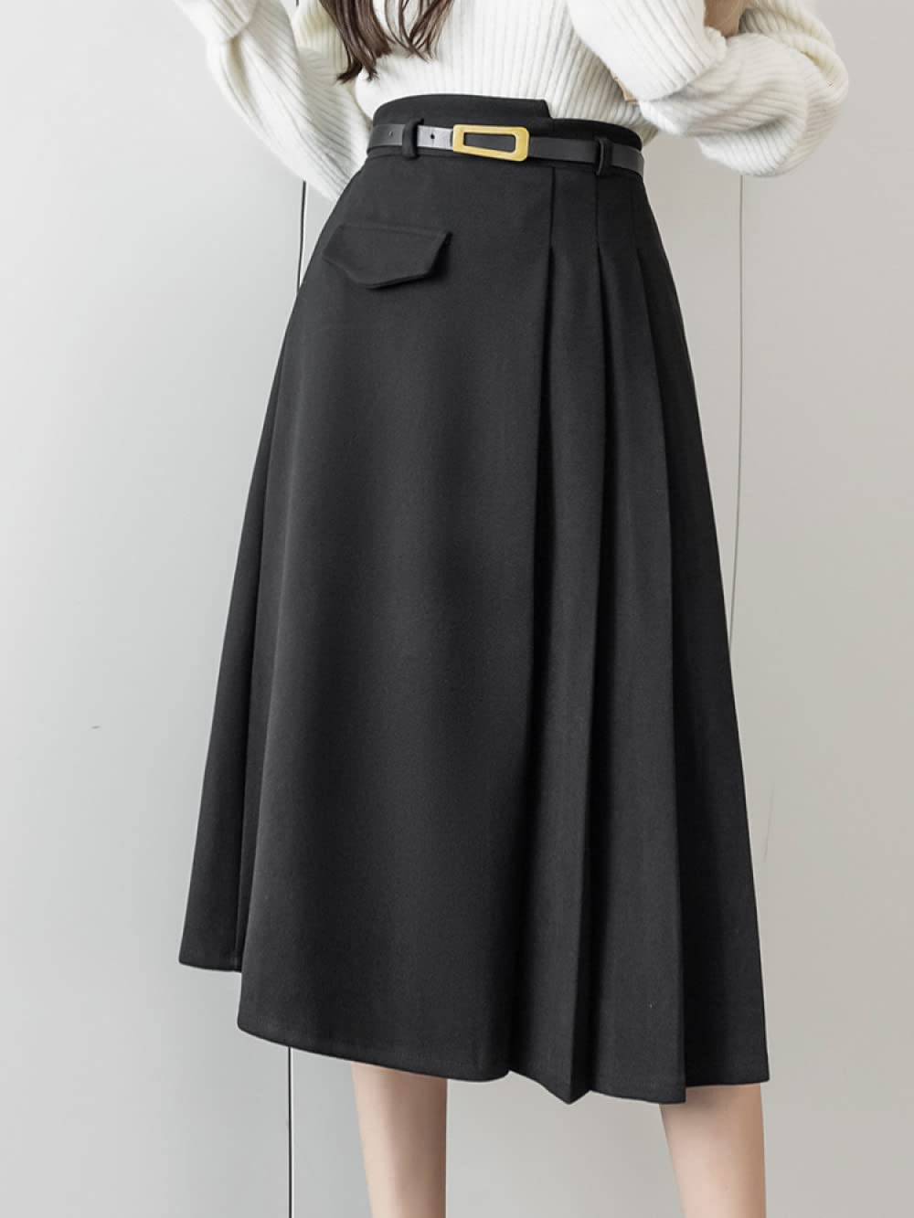 Gonne Invernali Donna, Gonne Invernali Nere Spesse con Cintura Gonna A Vita Alta Elasticizzata A Trapezio Gonne Midi Casual per Donna Elegante Gonna Ampia A Balze A Pendolo