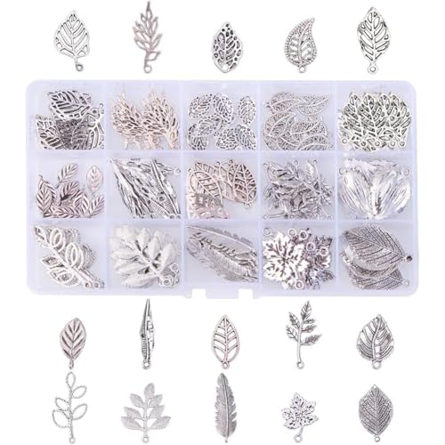 PH PandaHall 150pcs Baum Blatt Charms 15-Stil Metall Blatt Anhänger Pflanze Charms Antik Silber Tibetische Legierung Blätter Anhänger Perlen für Armband Halskette Frühling Schmuck Herstellung