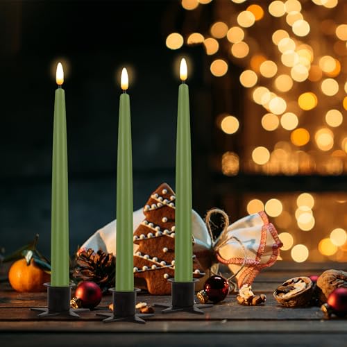 Image of CVHOMEDECO. Flameless Taper Candles with 10-Key Remote, Battery Operated Led Flickering 3D Wick Window Candles Real Wax Finished Home Christmas Party Decor 0.78 x 11 Inch, Pack of 3, Sage Green