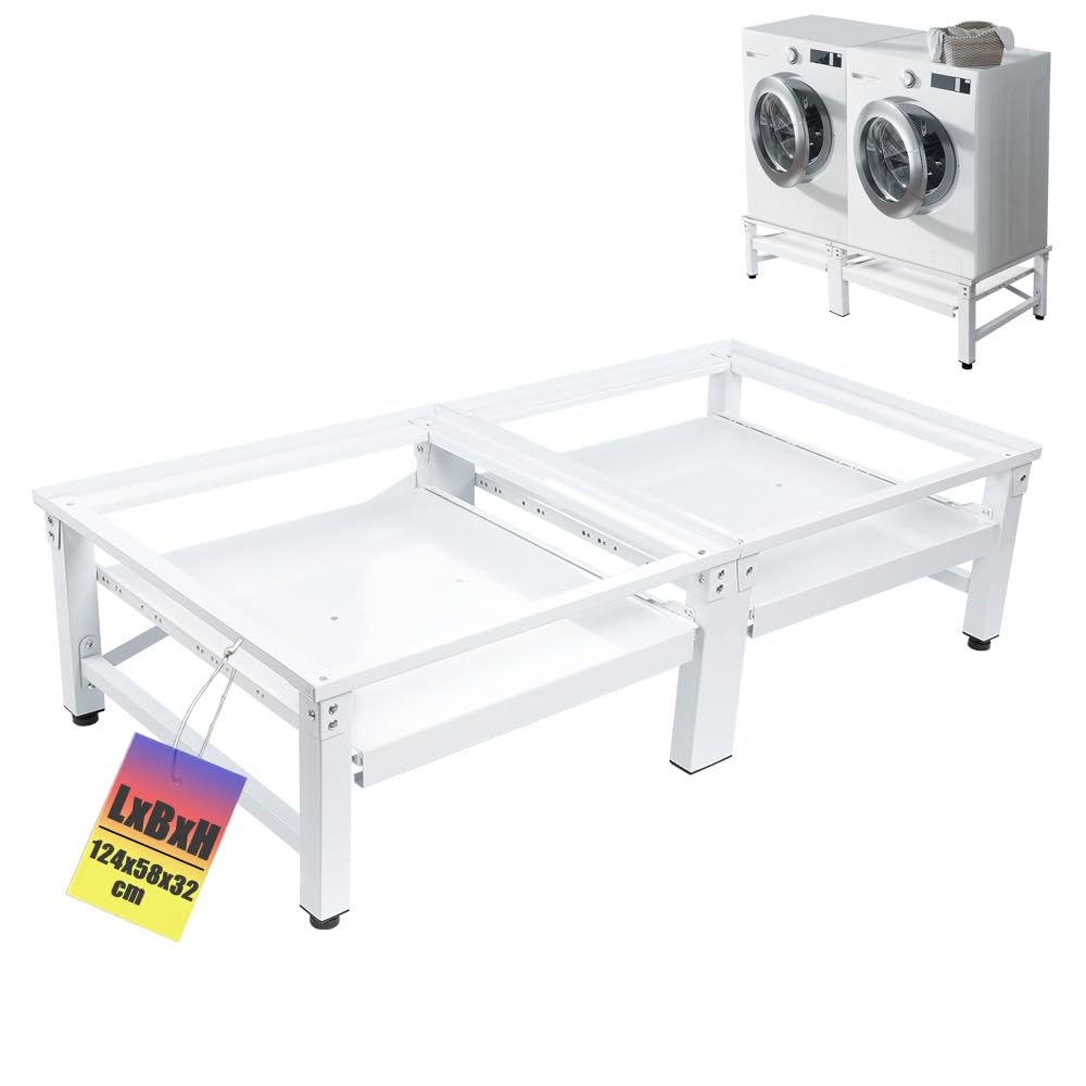 Stabiler Doppel Untergestell für Waschmaschine und Trockner inkl. 2 Ausziehablagen | 2-Fach | 2x 150kg | Doppel Sockel Podest Unterbau Erhöhung Gestell aus Stahl, 32cm Hohe, Weiß