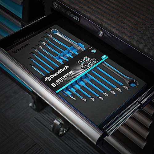 Image of DURATECH Extra Long Ratcheting Wrench Set, Double Box End Wrench Set, Metric, 9-Piece, 8,10,12,13,14,16,17,19,22 mm, CR-V Steel, with EVA Foam Tool Organizer