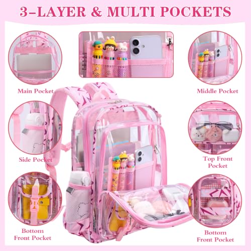 Image of Three-layer Clear Backpack, Heavy Duty Clear Bookbag for Kids, See Through Backpack Transparent Bag for Girls Boys (Pink Lightning)