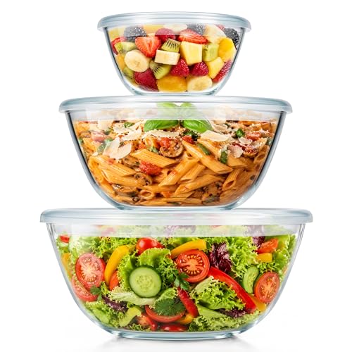 Homikit Salatschüssel 3er Set Groß Glasschüssel Rührschüssel mit Luftdichtem Deckel 4 5L/2 7L/1 1L Borosilikatglas Schüssel für Servieren Kochen Backen Luftdichtem Spülmaschinenfest