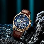 LIGE Männer Uhr Edelstahl Wasserdicht Analog Mondphase Design Quarz Armbanduhren Für Herren Chronograph Lederarmband Watch for Men Mit Datum Leuchtende Business Casual Retro Herren Uhren – Bild 3