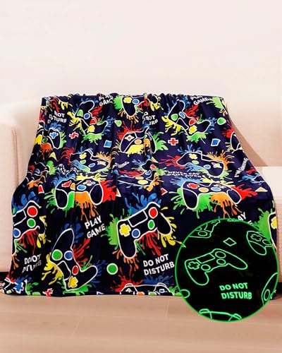 Gaming Gifts for Gamer Glow in The Dark Blanket: Cool Birthday Glowing Presents Toys for Video Game PC Gamers Men Teen Boys Kids Adults Girls Valentines Easter Christmas Ideas Throw Navy Blue 60x50 In