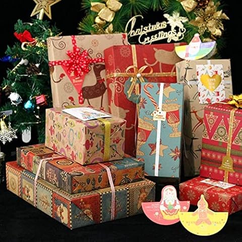 Christmas Gift Wrapping Paper 12 Pack, Recyclable Kraft Paper 70x50CM in Folded Sheets with 10 Unique Designs (Bonus 16ft Jute String and 10 Tags) Cover