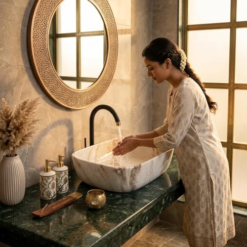 Image of Ceramic Tabletop Wash Basin - Glossy Rectangular Countertop Vessel Sink with Marble Finish for Bathroom & Vanity | Compact 18 x 13 x 5 Inch | Elegant Washbasin