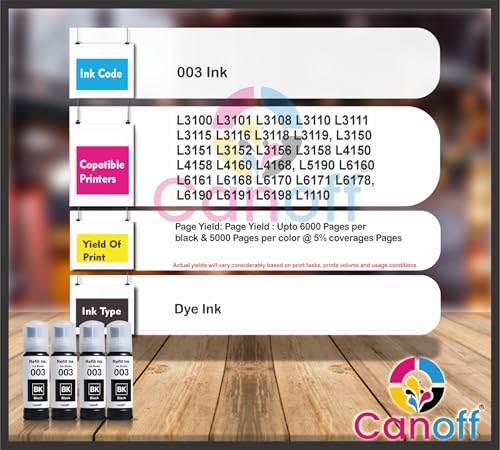 Image of CANOFF 003 Refill Ink Bottle Compatible for Epson L3110,L3150,L3250,L3252,L3115,L3116 Ink Tank Printers - High Yield,Long-Lasting,Easy to Refill Ink for Smooth Printing (003 Black Pack of 4pc.)