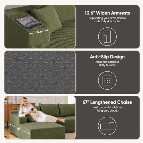 Image of Boneless Couch, 102.4 inch Sectional Couches for Living Room with L Shape Sofa | Cloud Couch Sectional with Chaise, Modular Cloud Sofa with Deep Seat, No Assembly, Green, Corduroy, Left Chaise
