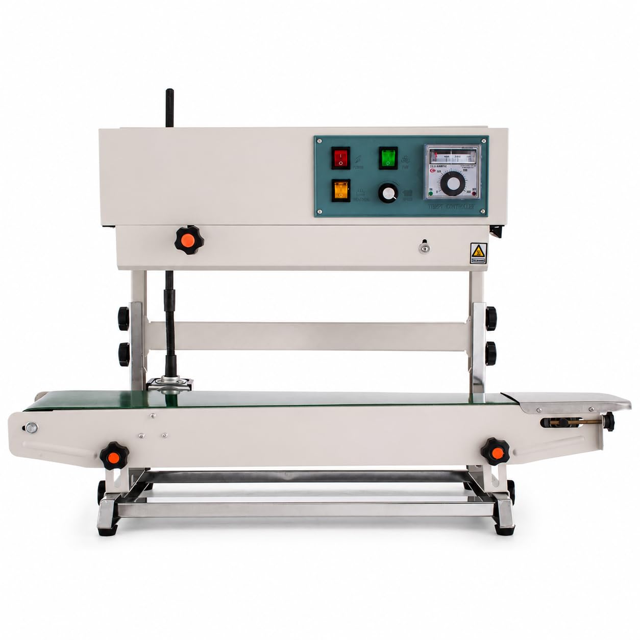 Sellador de banda continua con control digital de temperatura, velocidad de 0 a 24 m/min, ancho de sellado de 6 a 15 mm, función de estampado de fecha para un embalaje eficiente