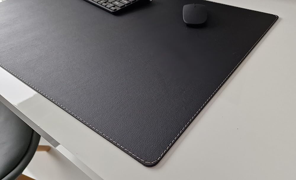 Schreibtischunterlage sanft lux Leder 60 x 40 Schwarz mit Silbergrauer Naht