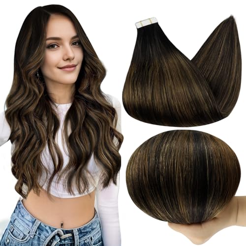 Image of Full Shine Tape in Hair Extensions, 22 Inch Natural Black Brown | 50g 20PCS, Invisible Double Sided Human Hair Tape in Extensions, Remy Finish Seamless Blend Add Length for Styling