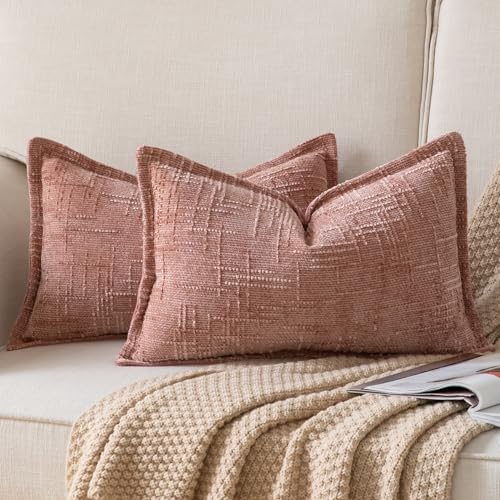 Image of YAERTUN Chenille Cushion Covers 40x60 cm 16x24 inch Set of 2 Textured Broadside Soft Cozy Velvet Throw Pillow covers Farmhouse Boho Decorative Pillow Cases for Couch Bed Sofa Livingroom DustyPink