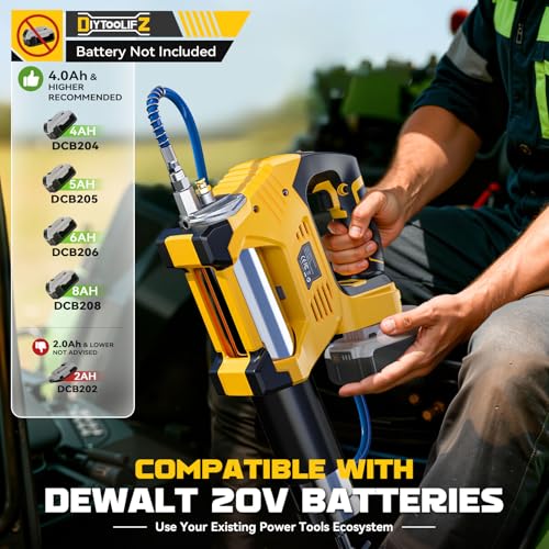 Image of DIYtoolifz Cordless Grease Gun Compatible with DeWalt 20V Battery, 12000PSI High Pressure, 3-Speed&Brushless Motor, 9oz /min Max Flow, 2-in-1 for Cartridge /Bulk Grease, 39.4 inchHose&4 Couplers(Tool Only)