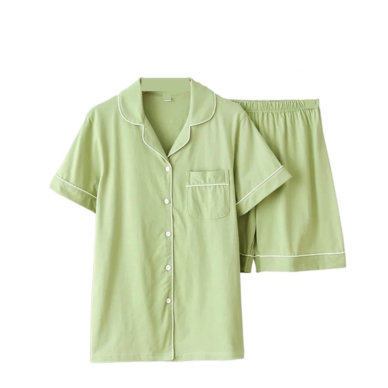 SeñOras Pijama De Manga Corta Conjunto de pijama de verano for mujer, de algodón tejido, manga corta, pantalones cortos, cárdigan de dos piezas, color sólido, informal, ropa de casa grande(Green,XL)