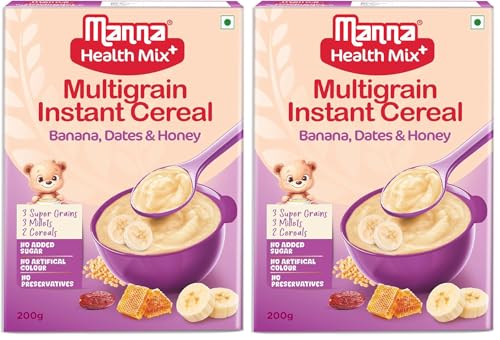 Image of Manna Health Mix Instant Multigrain Cereal, Banana, Dates, Honey with Milk. Made with Real Fruits and 8 Supergrains and Millets. No Added Sugar, No Artificial Color, Flavors 200g (Pack of 2)