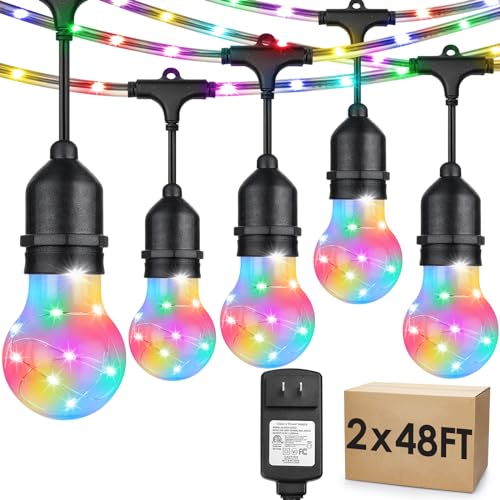 Mlambert RGB String Lights, 96FT(2x48FT) Outdoor Patio Lights with Rope Fairy, Waterproof Shatterproof Hanging String Light for Christmas, Halloween, Party, Café, Garden, Bistro, Porch, 2 Pack Mlambert RGB String Lights, 96FT(2x48FT) Outdoor Patio Lights with Rope Fairy, Waterproof Shatterproof Hanging String Light for Christmas, Halloween, Party, Café, Garden, Bistro, Porch, 2 Pack