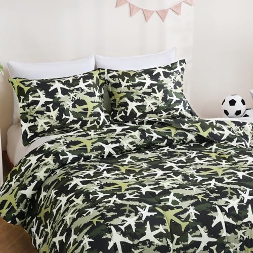 Image of Yibeizi Airplane Comforter Set Boys Full Green Camouflage Bedding