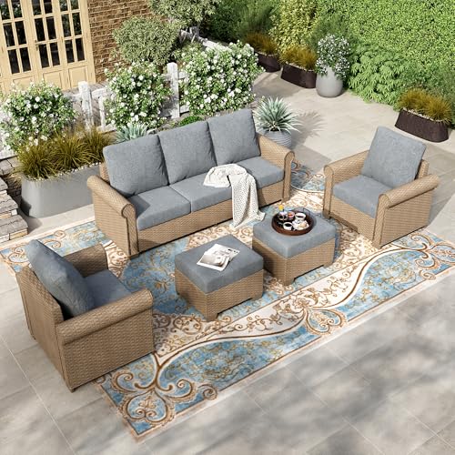 Image of HERA'S HOUSE Patio Furniture Set, 4 x Cushioned Chairs, 3-Seat Sofa with Wood Grain Coffee Table, 5 Seats Luxury Windsor Style All Weahter Outdoor Sofa Conversation Set for Deck Lawn Backyard