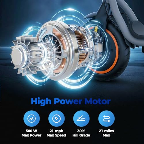 Image of Electric Scooter Adults, 500W Powerful Motor Commuting Scooter, 21 MPH Max Speed, 21 Miles Range Lightweight Folding E-Scooter, Bluetooth Smart App Control, 8.5 inch Tires Dual Braking System