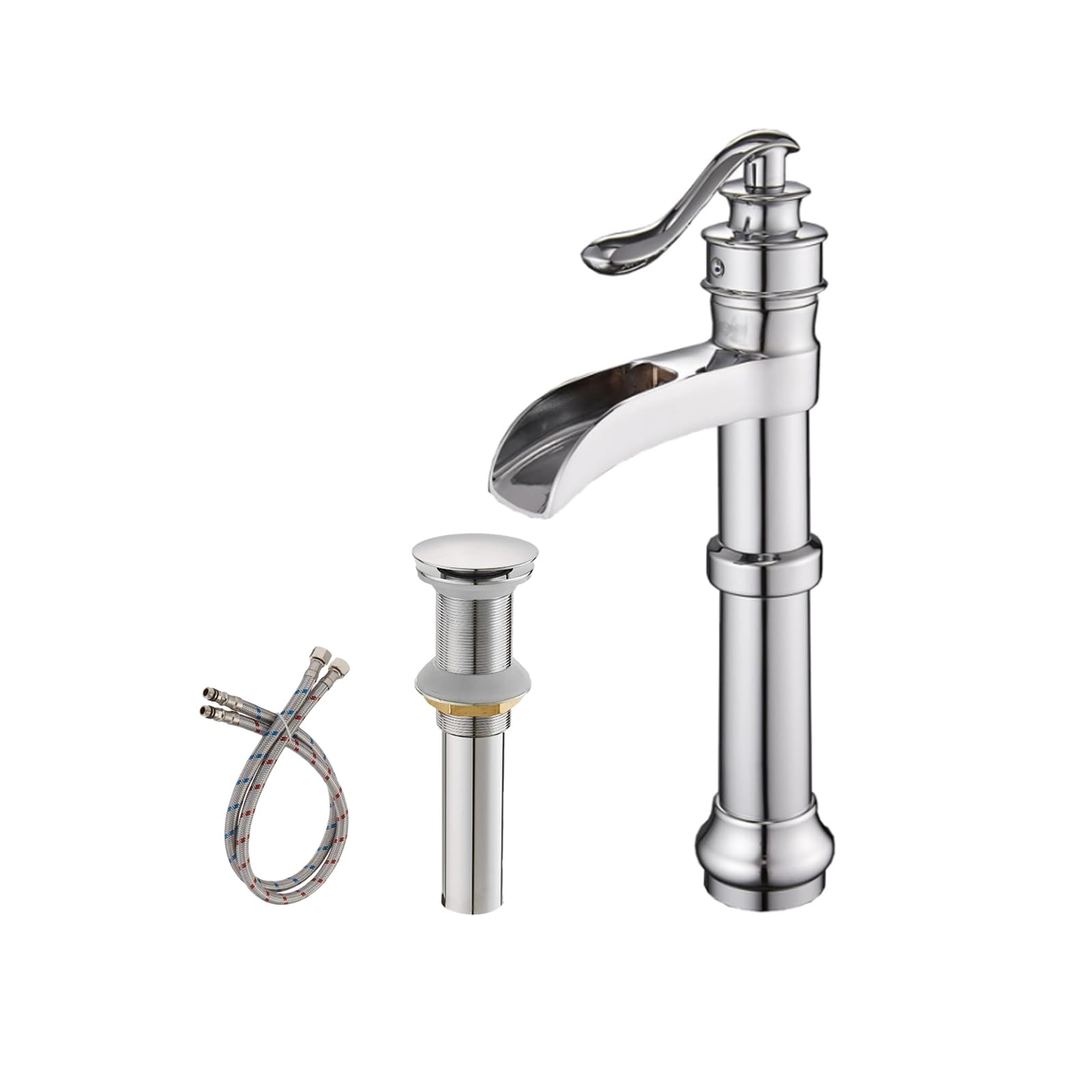 Chrome Vessel Sink Faucet Single Handle Waterfall Bathroom Faucet with Pop Up Drain Assembly and Supply Hose Lavatory