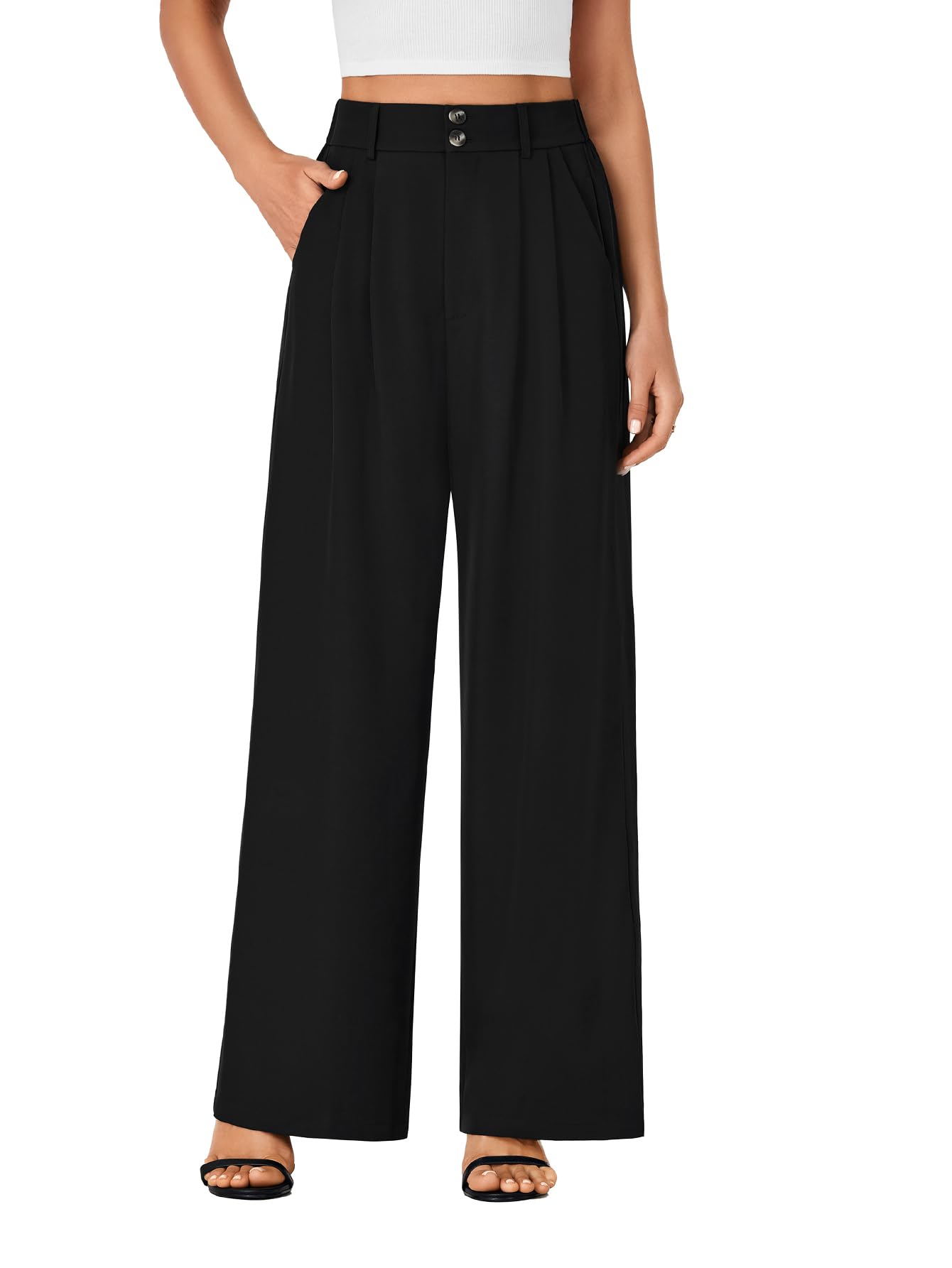 Vrtige Womens Elastic High Waisted Wide Leg Long Pants Office Casual Trousers with Pockets