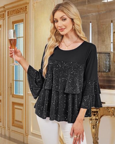 Bebonnie Womens Dressy Sparkly Peplum Tops 3/4 Sleeve Ruffles Elegant Evening Flowy Blouses3