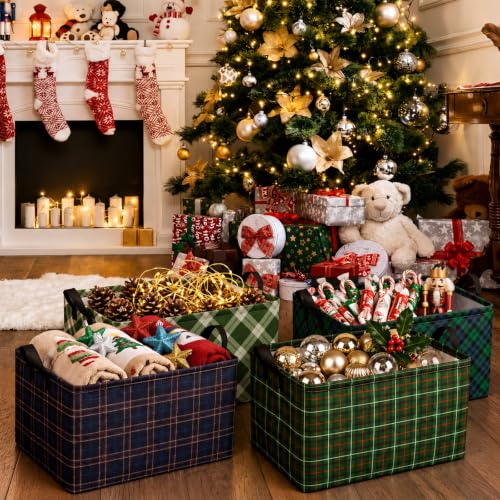Image of Chunful 4 Pack Christmas Tartan Plaid Storage Baskets for Gifts Collapsible Green Tartan Decorative Laundry Storage Bins Foldable Box with Handles for Home Bedroom Office Holiday Clothes Containers