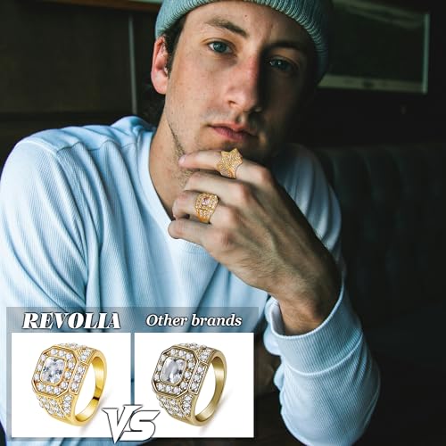 REVOLIA 5Pcs 18K Gold Plated Iced Out Rings Simulated Diamond Bling Pinky Rings for Men Big Star Hip Hop Ring Square CZ Punky Rapper Rings Set Size 6-134