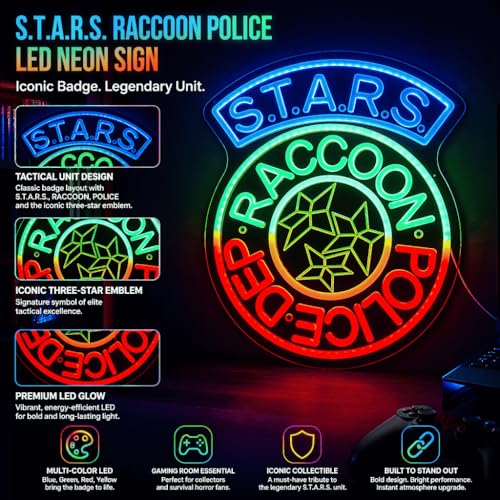 Image of S.T.A.R.S. Raccoon Police LED Neon Sign 38x32cm | Tactical Team Style Wall Decor, USB Powered, Game Room Aesthetic Light, Custom Acrylic Night Light