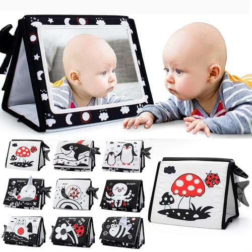Image of Zendstanding Tummy Time Mirror Toys, Baby Toys 6-12 Months Black and White High Contrast Sensory 3D Activity Montessori Interactive Crinkle Books for Boys Girls Gifts (Ocean)