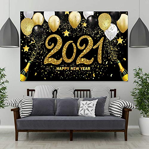 2021 Happy New Year Photograph Backdrop Decoration Black and Gold Happy New Year\'s Eve Banner Fabric New Year Background with Glitter Balloon Star for New Year Party Celebration, 72.8 x 43.3 Inch