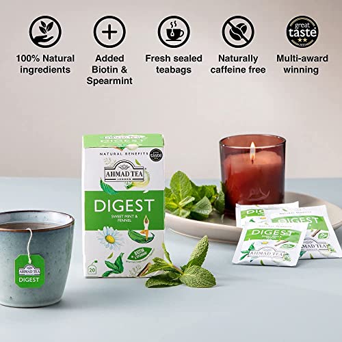 Ahmad Tea Herbal Tea, Sweet Mint, Fennel & Biotin 'Digest' Natural Benefits Teabags, 20 Ct (Pack Of 6) - Decaffeinated & Sugar-Free #TOP2