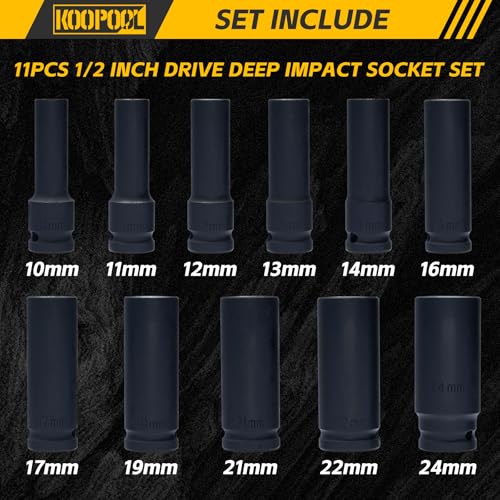 Image of 1 /2-Inch Drive Metric Impact Socket Set, 11-Piece Deep, CR-V Steel, 6-Point, High Torque, 10-24mm Heavy Duty 1 /2 Impact Socket Set for Automotive & Mechanical Use（11pcs 1 /2 inch)