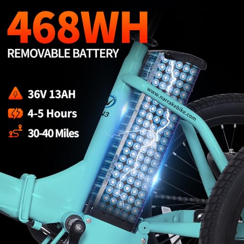 NARRAK Electric Tricycle for Adults,Fat Tire Folding Electric Trike,3 Wheels Electric Bicycle Bikes, Peak 700W/1100W Step-Thru Etrike with Removable Battery and Large Basket (Green, Classic Model) - Image 2