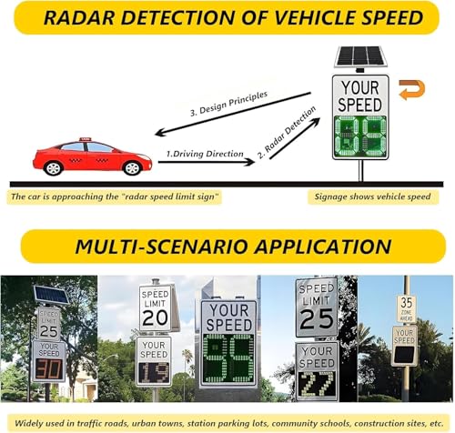Señal de tráfico, señal de límite de Velocidad con energía Solar - LED Intermitente, detección inalámbrica de 244 Metros, Panel de Seguridad Vial de Aluminio Duradero y Resistente a la corro