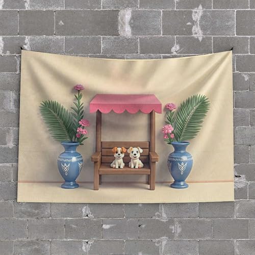 Room Door Decor Two Cute Dogs On A Wooden Bench With Pink Flowers And Blue Vases Tapestry Wall Decor For Dorm Room Men Decor(100X150CM)