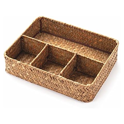 YANGQIHOME Tea Bag/Sugar Packet Holder, Coffee Station Condiment Organizer, Seagrass Storage Basket, Wicker Rattan Divided Basket Organizer for Drawer/Shelf/Countertop Cover