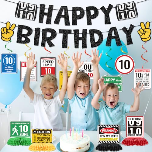 Image of 10th Birthday Decorations for Boys Girl, 14PCS 10 Year Old Happy Bday Banners with Hanging Swirls Party Decoration out Single Digits I'm 10 Honeycomb Centerpiece Decor