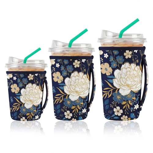 Artsocket 3 Pack Iced Coffee Sleeve with Handle, 16oz-32oz, Floral Navy Gold