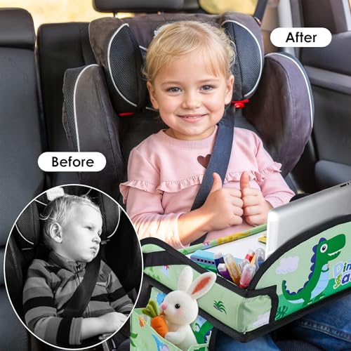 Image of Kids Travel Tray, Kids Travel Trays for Car Seat, Road Trip Essentials for Toddler, Carseat Lap Tray with Dry Erase Board & Storage Organizer for Road Trip Activities for Kid, Green