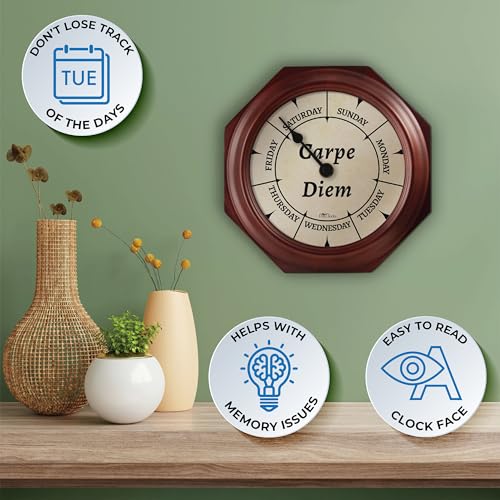 DayClocks Classic “Carpe Diem” Day of The Week Wall Clock - 10" Solid Mahogany Wood Frame, Ideal Retirement Gift for Men and Women, Day Clock for Seniors and Retirees - Image 2