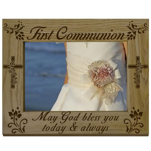 CREATCABIN First Holy Communion Picture Frame Wood Photo Frame Personalised Quote Picture Frame Memorial Tabletop Keepsake Suit 4"x6" Picture Religious Commerative Gift for Family Friends 6x8 Inch